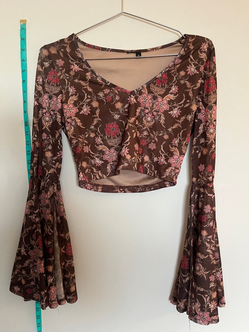 Brown Floral V-Neck Bell Sleeve Crop Top